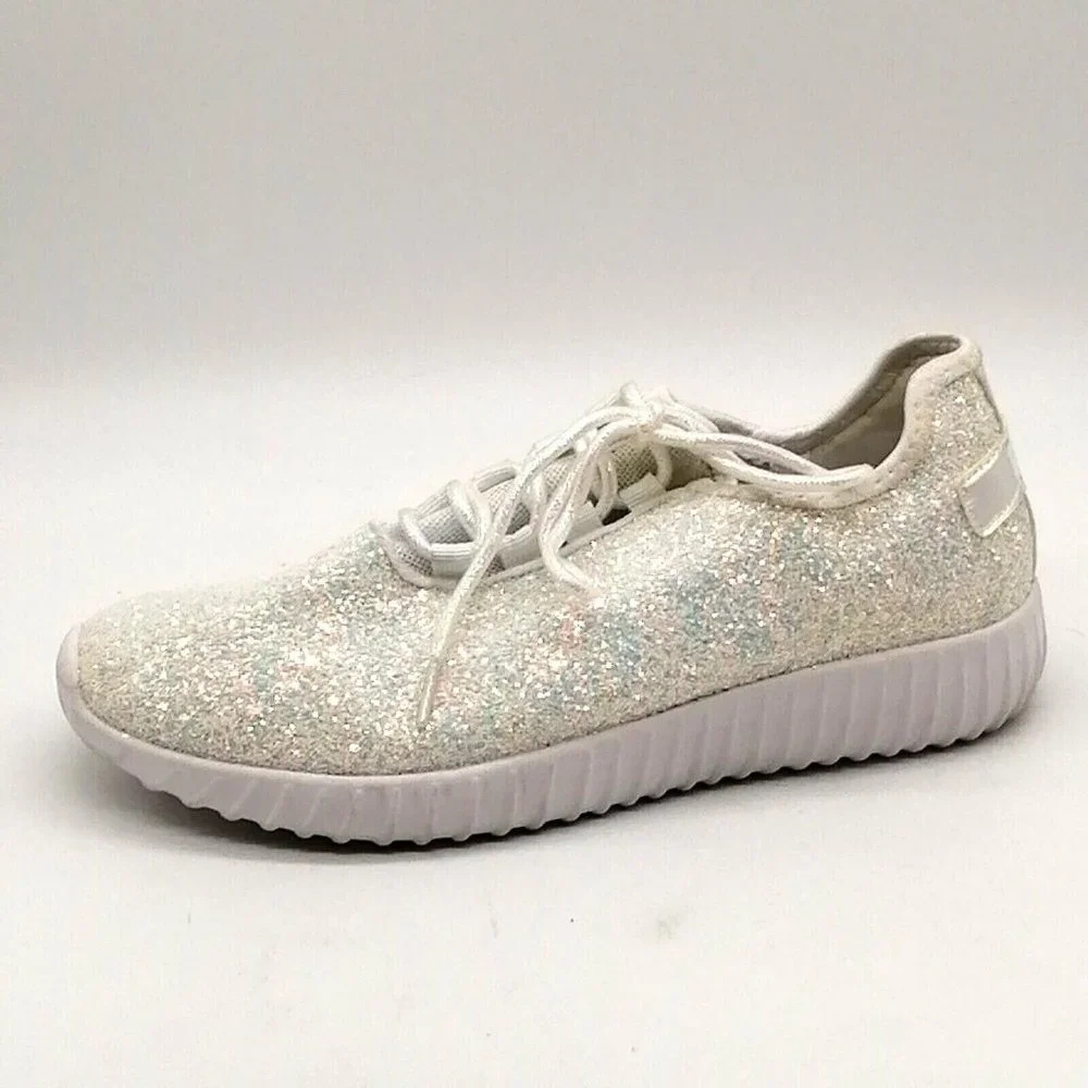 Womens Flat Heel Lace Up Low Top Sneaker Cushioned Insole White Glitter Sz 8